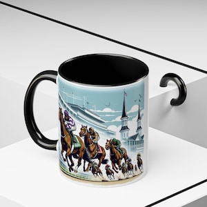 Mug, Beautiful Kentucky Derby Mug, race horses with Churchill Downs Twin Spires Great gift for horse enthusiast, Coffee Cup, Tea Mug,