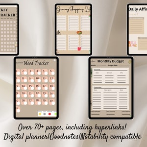 May include: A digital planner with a brown and beige color scheme. The planner includes pages for weekly habit tracking, mood tracking, grocery shopping lists, daily affirmations, and monthly budgeting. The planner is compatible with Goodnotes and Notability.