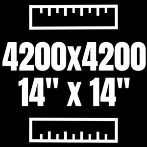 A square product specification graphic with black background and white text displaying dimensions "4200x4200" and "14" x 14"" flanked by ruler icons at top and bottom, indicating measurement scale and size reference.