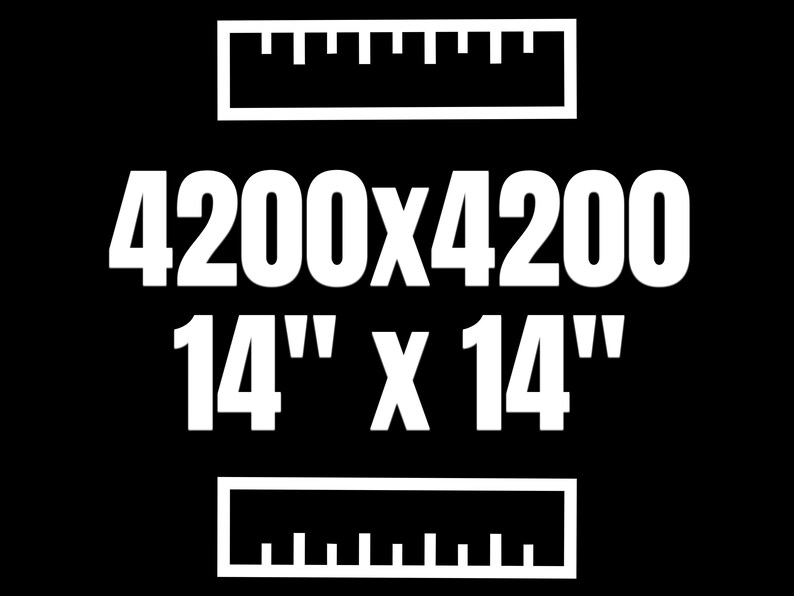 A square product specification graphic with black background and white text displaying dimensions "4200x4200" and "14" x 14"" flanked by ruler icons at top and bottom, indicating measurement scale and size reference.