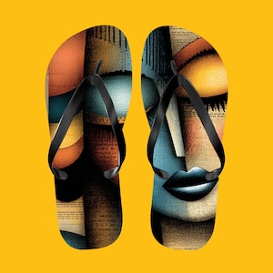 May include: A pair of flip-flops with a colorful abstract face design. The artwork features shades of blue, orange, and brown, with black straps. The design resembles a cubist painting, with fragmented facial features and text elements.