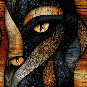 May include: A digital illustration featuring two stylised, almond-shaped yellow eyes set within a complex pattern of black, brown, and orange textured shapes. The artwork incorporates stippled dots and wood grain patterns with the text JETSVICHAY.ETSY.COM.