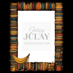 May include: A rectangular frame design featuring stacks of colorful books on a black background. The frame includes a hammock, a cup, and a potted plant. The text "Jetsy J Clay" and the Etsy shop URL are visible.