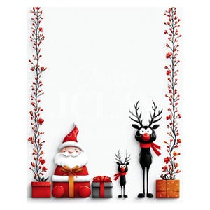 Christmas Holiday Digital Paper Borders, Santa and Reindeer (Printable Letter Trim)