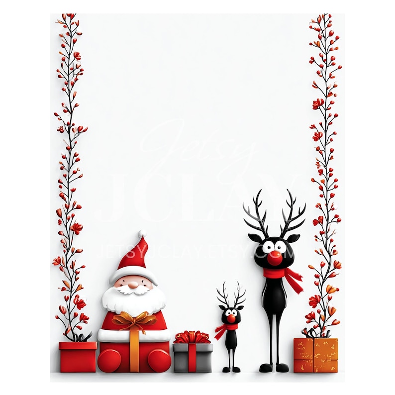 Santa Border Note Christmas Holiday Digital Paper Borders, Santa and Reindeer (printable ...