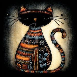 Peut inclure: Illustration d'un chat noir stylisé avec des motifs complexes orange, bleu et marron. Le chat a les yeux fermés et un petit nez doré, sur fond beige texturé avec une bordure sombre.