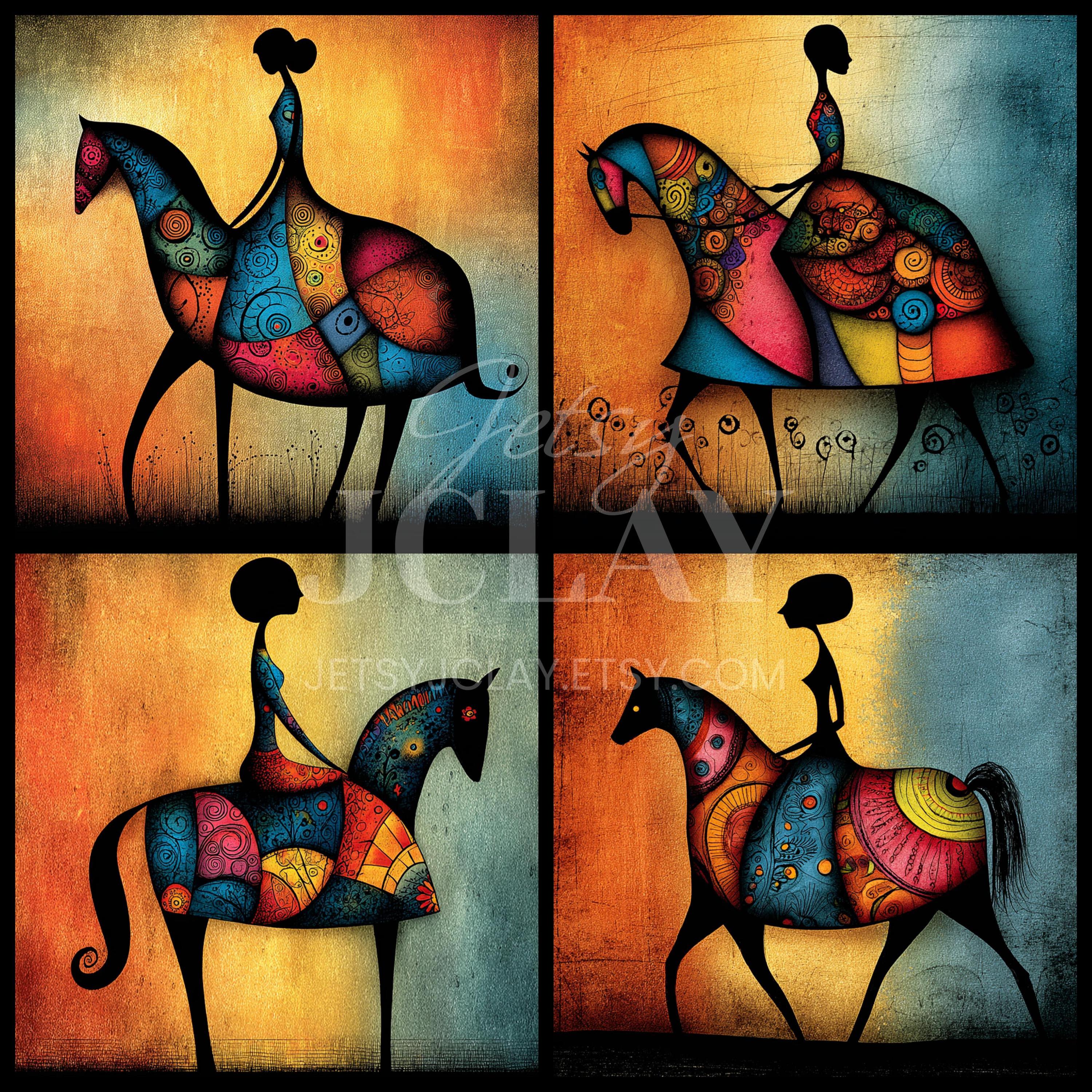 抽象的な馬のアート：キュビズム水彩画スタイル、デジタル JPG パック