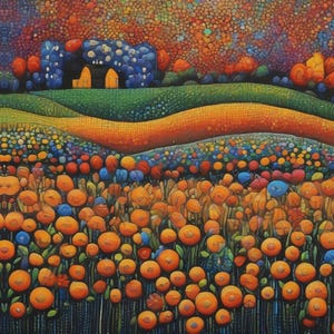 May include: A digital artwork featuring a symmetrical landscape with a dense foreground of orange circular flowers and scattered blue accents. Rolling green and orange hills rise towards a horizon line with dark blue structures and a vibrant, multicoloured sky.