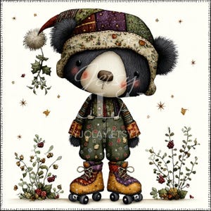 Puede incluir: Ilustración caprichosa de un oso con sombrero y peto de patchwork, y patines. El oso tiene la cara blanca y está rodeado de plantas y estrellas decorativas. La paleta de colores incluye verdes, marrones y morados.