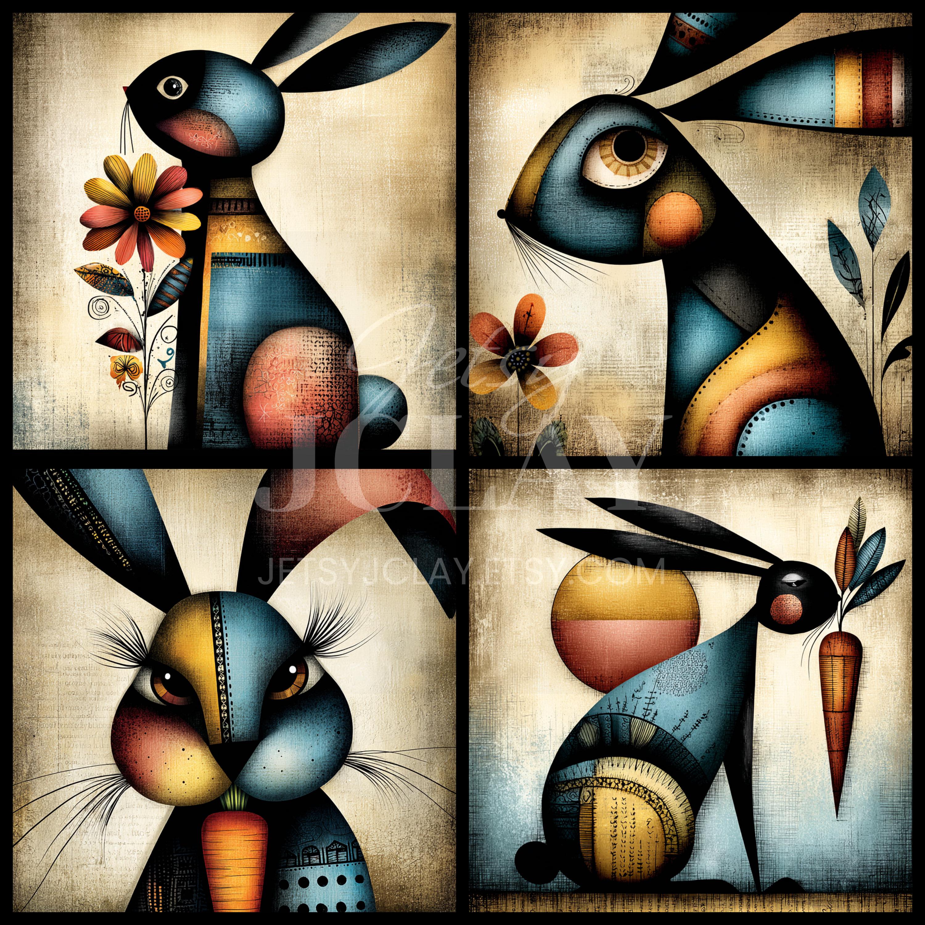 Cubist Art Rabbit Whimsical Rabbit Clipart: Cubist Bunny Art, Playful Carrot Design ...