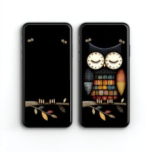 May include: Black phone case featuring a detailed owl design. The owl has clock-face eyes and a colorful, geometric body. The design includes a branch with leaves and small birds. The second phone case is plain black with a branch and birds.