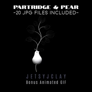 May include: A digital art graphic on a black background features a white pear-shaped bird with a stem and leaves. The text "PARTRIDGE & PEAR -20 JPG FILES INCLUDED-" is at the top. The artist's name and "Bonus Animated GIF" are at the bottom.