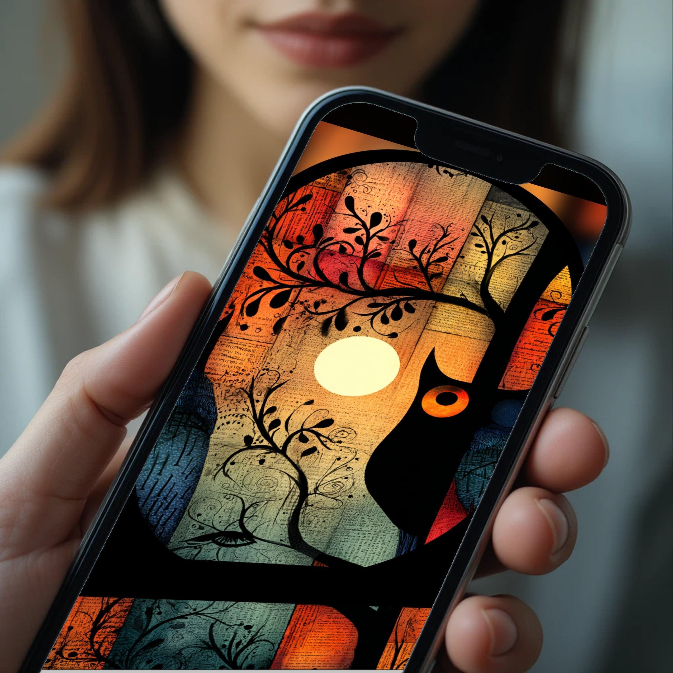 Abstract Owl Phone Wallpaper: Watercolor Forest Design (Digital Download)