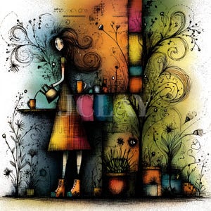May include: An artistic illustration of a person holding a cup, with steam rising. The person is wearing a colourful dress and red shoes. A black cat sits nearby. The background includes shelves with vases and plants, with a vibrant, multi-coloured backdrop.