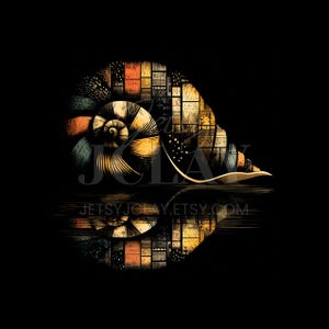 May include: A spiral seashell graphic featuring a segmented pattern of orange, yellow, and dark tones against a black background. The design includes the text JCLAY and JETS YJCLAY.ETSY.COM overlaid on the shell and its reflection below.