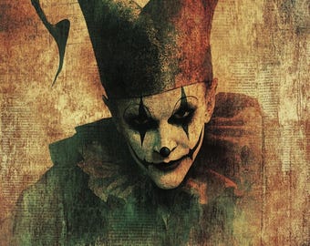 May include: A jester with a dark red and green jester hat, white face paint, and a sinister smile. The background is a textured, aged, brown paper with text.