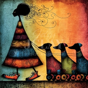 Whimsical Dog Walking Watercolor Art: JPGs for Junk Journals, Scrapbooking (Digital Download)