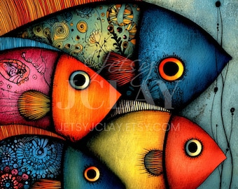 Viskunstwerk — aquarel abstracte JPG — kleurrijke sticker digitale download