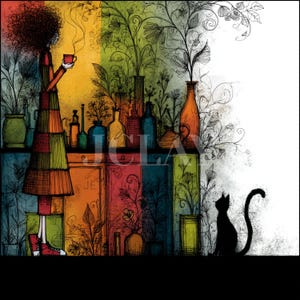 Könnte beinhalten: Eine künstlerische Illustration einer Person, die eine Tasse hält, aus der Dampf aufsteigt. Die Person trägt ein farbenfrohes Kleid und rote Schuhe. Eine schwarze Katze sitzt in der Nähe. Der Hintergrund zeigt Regale mit Vasen und Pflanzen.