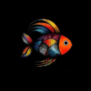 May include: A stylized fish illustration featuring a vibrant orange head and a body composed of segmented, multicolored patterns in shades of blue, red, yellow, and purple. The fins and tail display intricate line work against a black background.