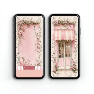 May include: Two smartphones displaying digital wallpaper designs featuring a pink storefront theme. The left screen shows a blank pink panel framed by climbing flowers. The right screen depicts a pink shop entrance with a striped awning and floral decor.
