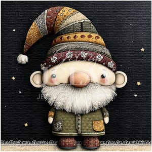May include: A whimsical gnome illustration with a long white beard, rosy cheeks, and a patterned hat in shades of brown, gold, and green. The gnome wears a green coat with decorative patches. The background is black with small star accents.