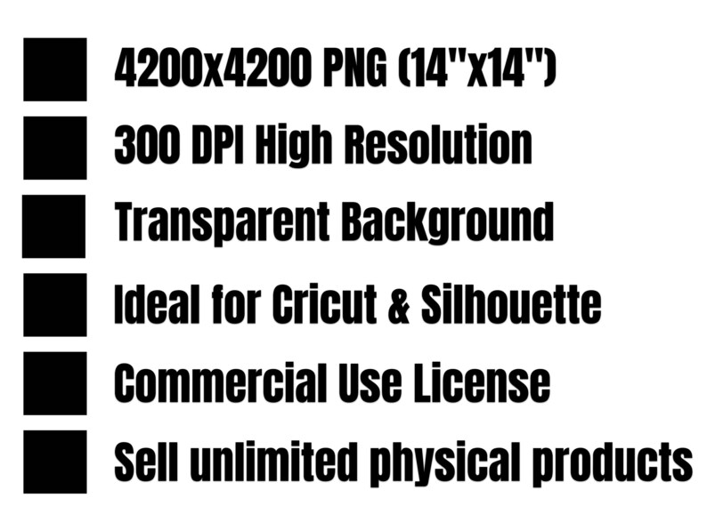 Black text on white background listing product specifications: 4200x4200 PNG (14"x14"), 300 DPI High Resolution, Transparent Background, Ideal for Cricut & Silhouette, Commercial Use License, Sell unlimited physical products. Each line preceded by a black square bullet point.