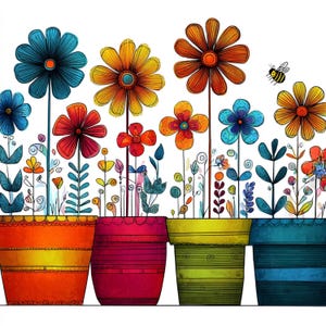 May include: A vibrant illustration of colorful flowers in decorative pots. The flowers feature various colors, including blue, orange, yellow, and red, with a cartoon bee flying nearby. The pots are striped in orange, pink, yellow, and blue.