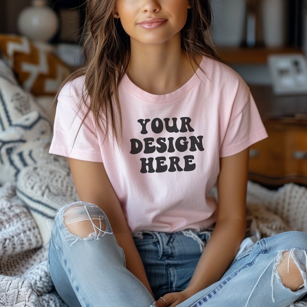 Light Pink Gildan 5000 T-Shirt Mockup Gildan 5000 Shirt Woman Light Pink Shirt Mockup Casual Elegant Realistic Tee Mockup