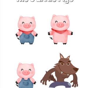 May include: The 3 Little Pigs storybook illustration featuring three pink pigs wearing overalls and a brown wolf wearing overalls. The pigs are smiling and the wolf has a menacing expression.