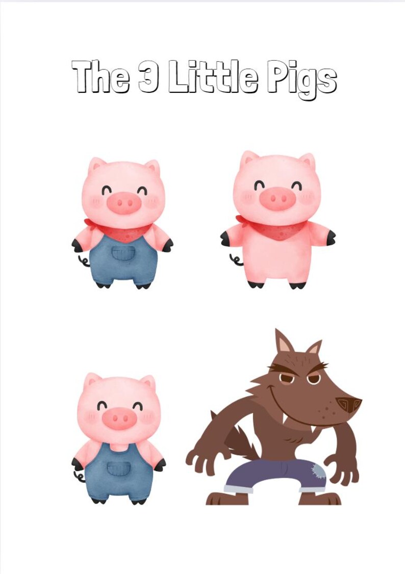 May include: The 3 Little Pigs storybook illustration featuring three pink pigs wearing overalls and a brown wolf wearing overalls. The pigs are smiling and the wolf has a menacing expression.