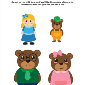May include: A printable set of cut-out paper dolls featuring a girl and three bears. The girl has blonde hair and is wearing a blue dress. The bears are wearing different colored clothes. The text "Retell The 3 Bears" is at the top of the page.