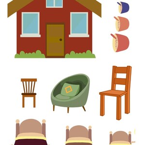 May include: A cartoon illustration of a red house with a brown roof, three windows, and a brown door. There are three brown chairs, a green armchair with a square pillow, and three beds with brown headboards and different colored blankets.
