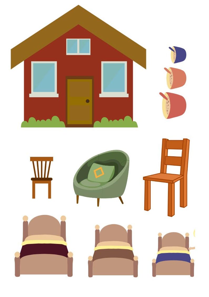 May include: A cartoon illustration of a red house with a brown roof, three windows, and a brown door. There are three brown chairs, a green armchair with a square pillow, and three beds with brown headboards and different colored blankets.