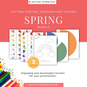 May include: A printable spring-themed activity pack for preschoolers. The pack includes three activities: cutting, sorting, ordering, and tracing. The activities feature images of spring flowers, fruits, and vegetables.