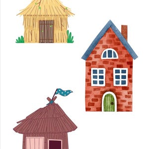 May include: Three cartoon houses, one made of straw, one made of wood, and one made of brick. The straw house has a brown door and green bushes on either side. The wooden house has a pink door and a small window. The brick house has a green door and two windows with blue frames.