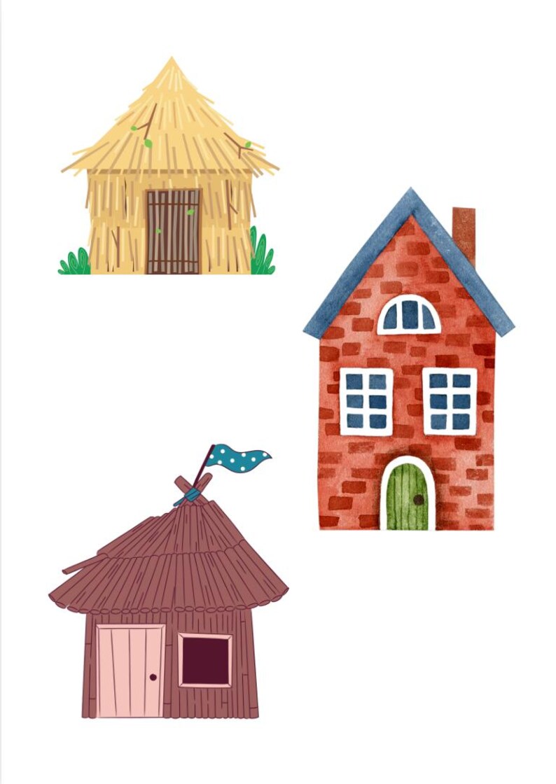 May include: Three cartoon houses, one made of straw, one made of wood, and one made of brick. The straw house has a brown door and green bushes on either side. The wooden house has a pink door and a small window. The brick house has a green door and two windows with blue frames.