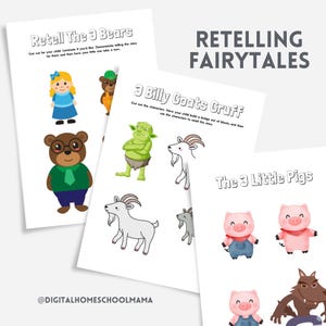 May include: Printable activity sheets for retelling fairy tales. The sheets feature illustrations of characters from the stories "The Three Bears", "Three Billy Goats Gruff", and "The Three Little Pigs".