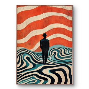Hombre surrealista: arte mural moderno, póster psicodélico, inspirado en Mad Men y las pinturas de René Magritte. Imagen digital, lista para imprimir.