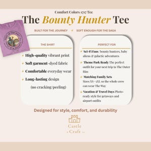 May include: A light purple Comfort Colors 1717 tee with the text "The Bounty Hunter Tee". The image includes a list of features and benefits, including high-quality print, soft fabric, and comfortable everyday wear.