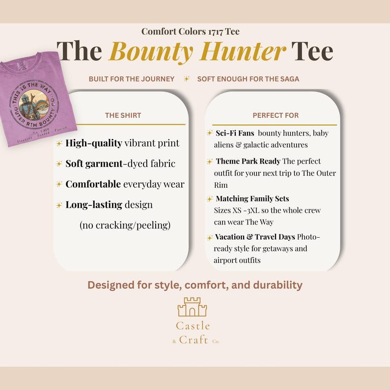 May include: A light purple Comfort Colors 1717 tee with the text "The Bounty Hunter Tee". The image includes a list of features and benefits, including high-quality print, soft fabric, and comfortable everyday wear.