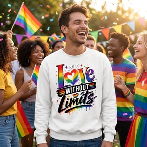 Puede incluir: Una sudadera blanca de manga larga con un estampado gráfico colorido en el pecho que incluye el texto "LOVE WITHOUT LIMITS" en una fuente estilizada, incorporando un corazón con los colores del arcoíris y detalles decorativos de pintura.
