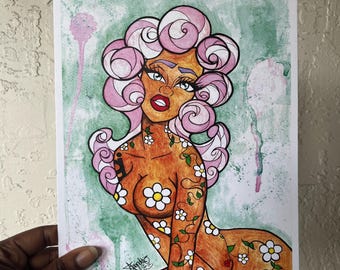 Floral Tattoo Girl Art Print | Watercolor Painting on Hemp Paper