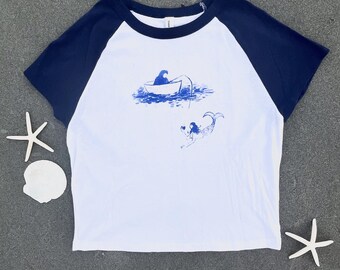 Women's Mermaid Baseball Tee – Hand-Silkscreened Cropped Top