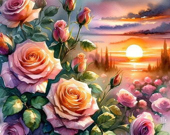 Roses and sunsets, watercolor roses with sunset in the background, valentines day, instant download, digital print