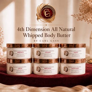 May include: An arrangement of six jars of 4th Dimension All Natural Whipped Body Butter, stacked on a burgundy velvet surface. Each jar has a gold lid and a label with a different name: Serenity, Chaste, Fancy, Angel, Precious, and Insatiable.