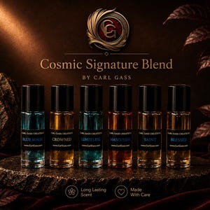 Può includere: Una pubblicità per il Cosmic Signature Blend di Carl Gass Creations. Sei bottiglie roll-on in vetro con tappi neri sono esposte su una superficie di pietra. Ogni bottiglia contiene un liquido di colore diverso e ha un'etichetta con un nome unico. Il testo "Cosmic Signature Blend" è in alto.