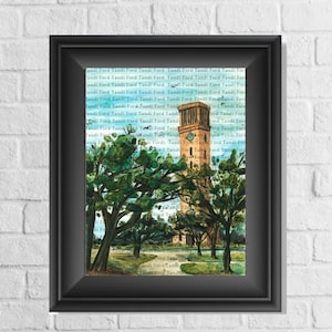 Albritton Bell Tower Watercolor, College Station Texas