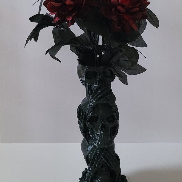 Vase 3 têtes de mort imprimé en 3D, pas de roses, fleurs artificielles, plantes.