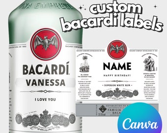 Gepersonaliseerde afdrukbare Bacardi Rum fles etiket Canva sjabloon eigen naam ALLEEN DIGITALE KOPIE